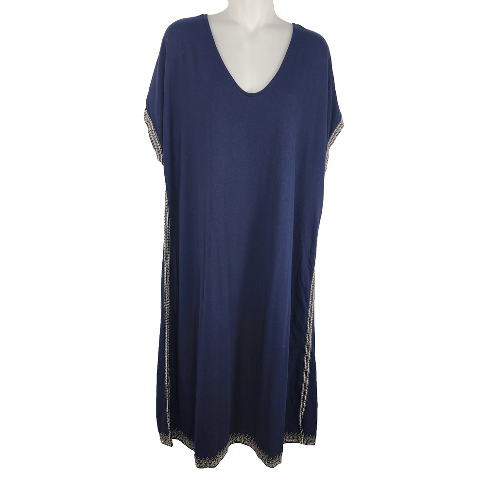 Pure Jill Women's Relaxed Embroidered T Shirt Dress Navy Blue Cap Sleeve Knee XL